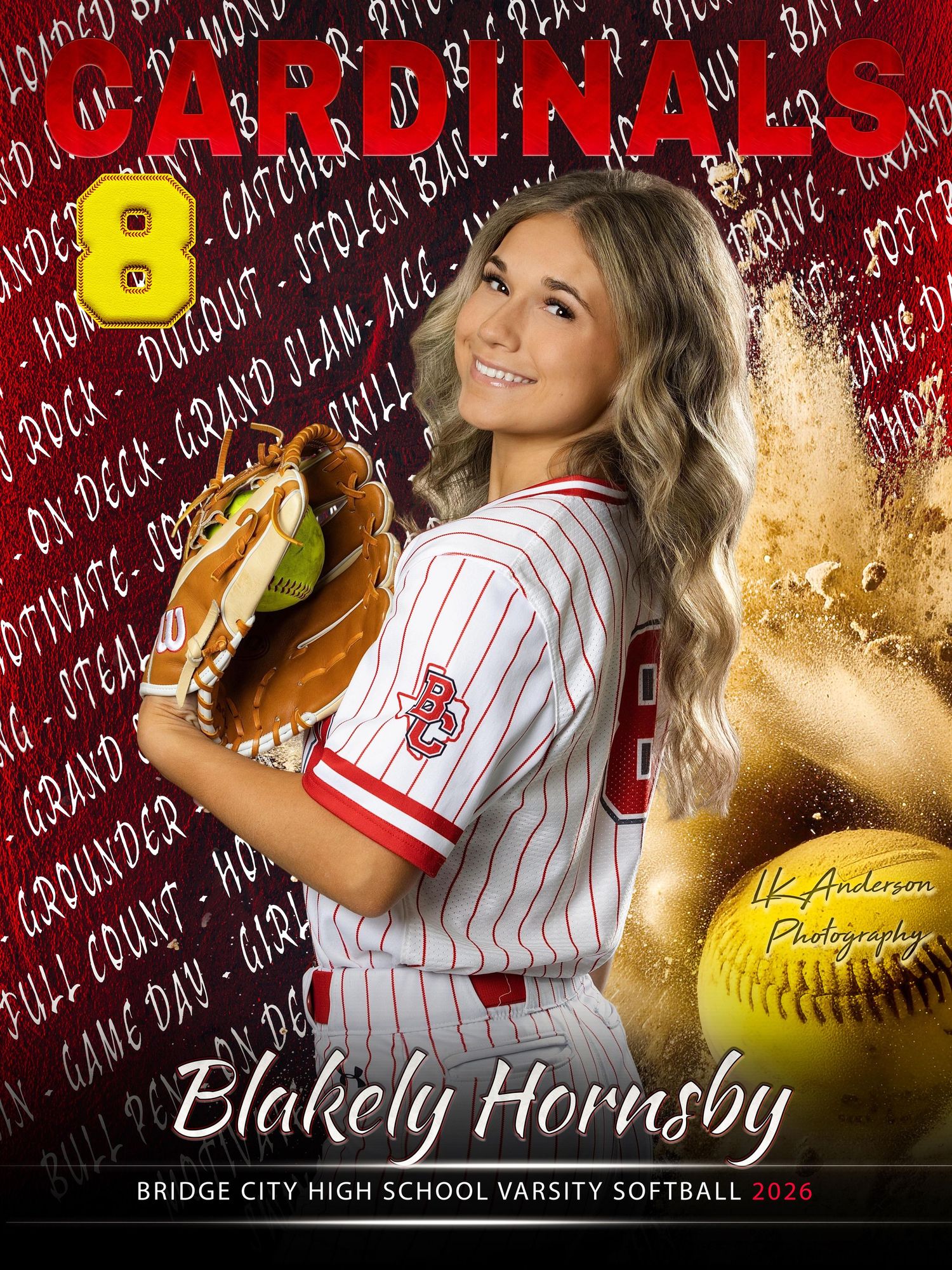 High school softball player in Cardinals pinstripe uniform poses with glove against red background with yellow softball.