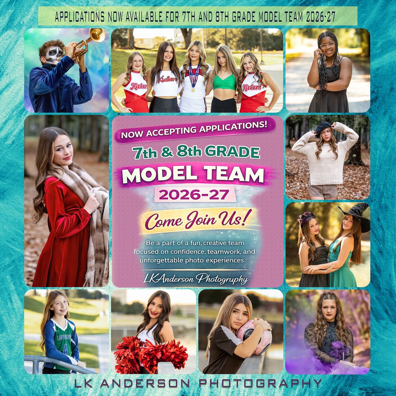 Promotional collage of lifestyle photos arranged around pink text advertising applications for a 7th and 8th grade model team.