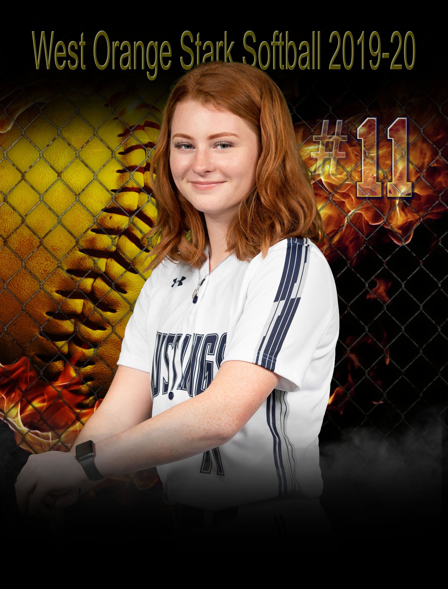 Softball player in white uniform poses for senior portraits against yellow and black background.