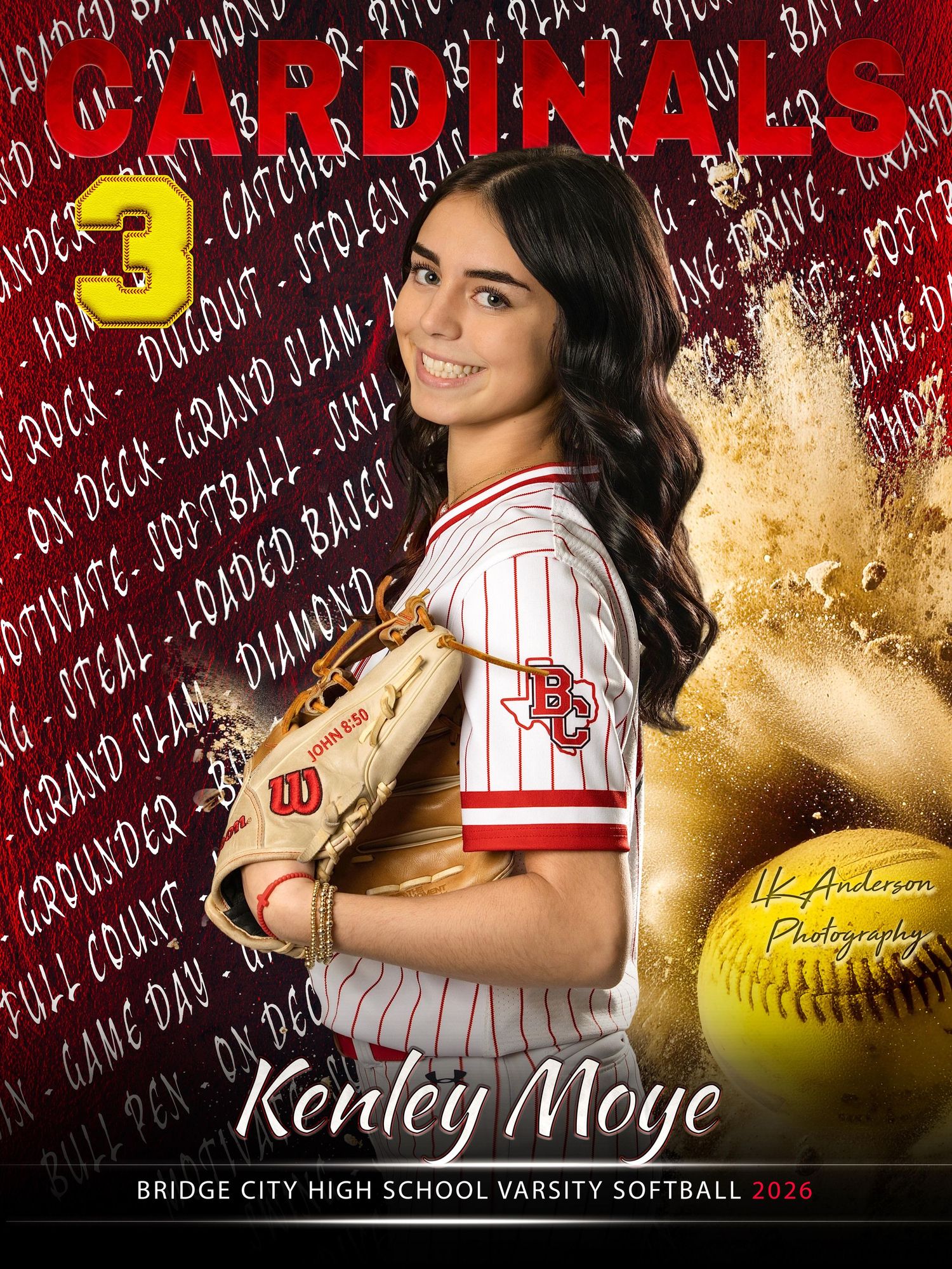 High school softball player poses in Cardinals uniform with glove against red background with gold accents and text overlay.