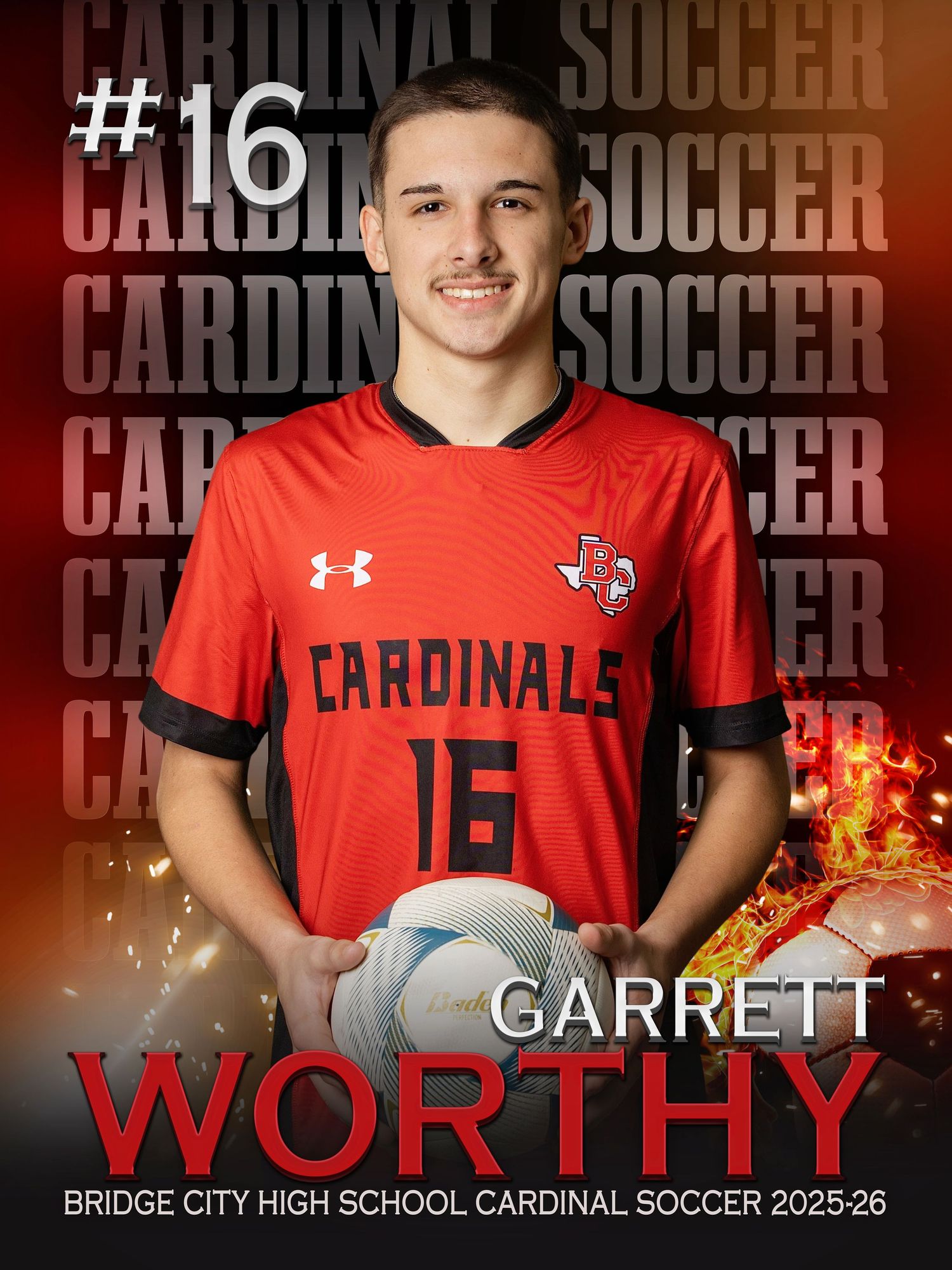 High school soccer player in red Cardinals uniform with number 16 against dark background with fiery effects.