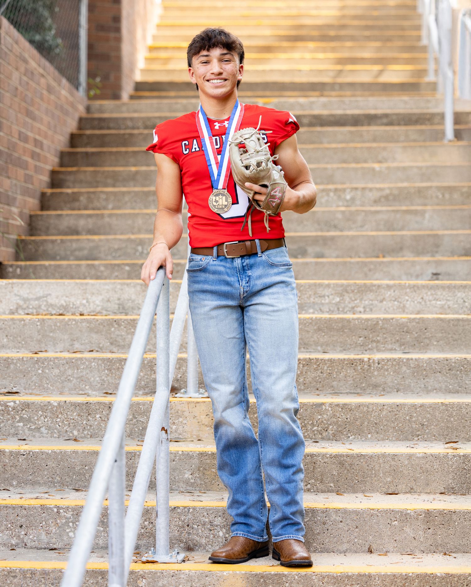 A series of photos showing someone walking up concrete steps using metal crutches while wearing a red shirt and jeans.