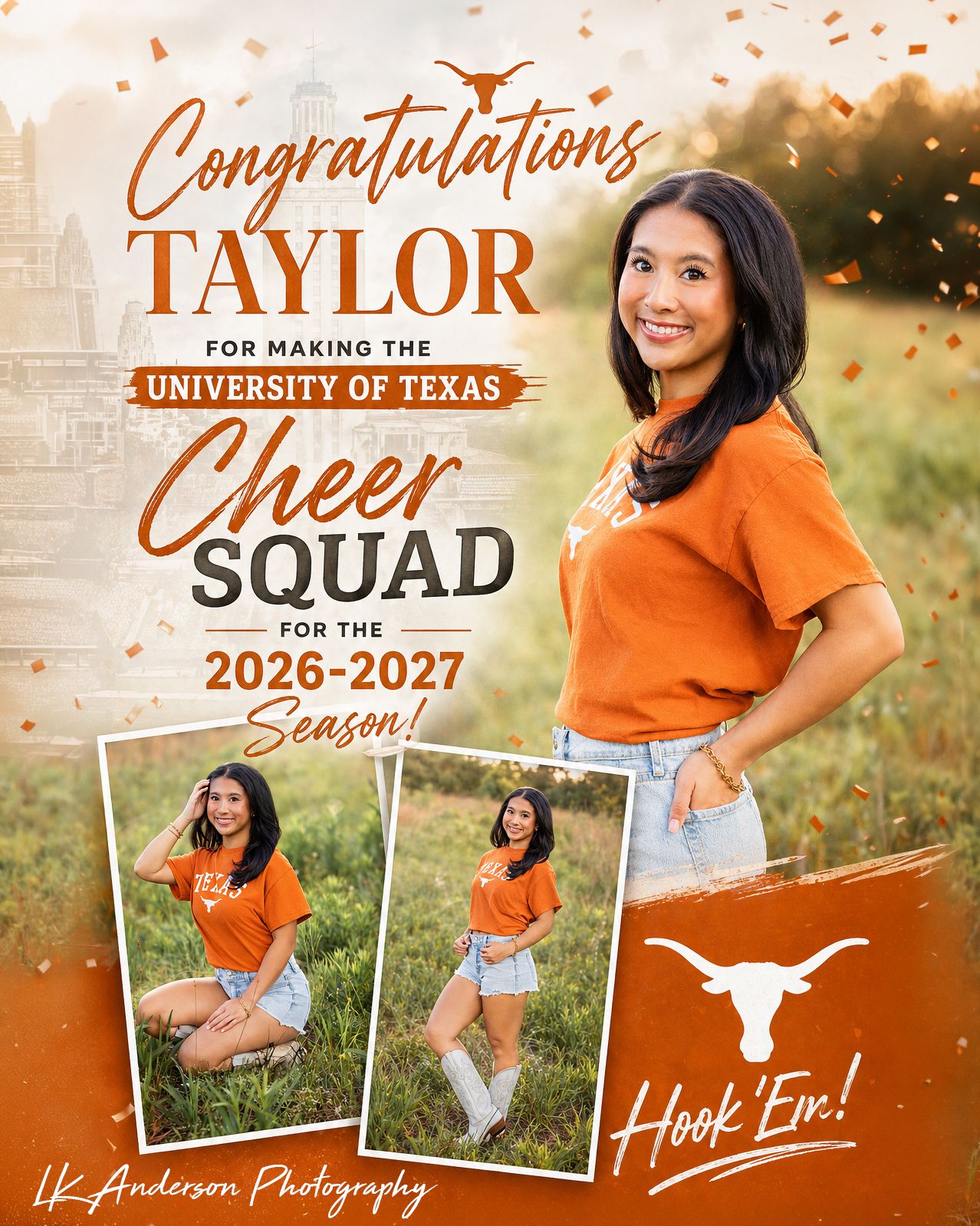 Congratulations banner for Taylor making the University of Texas Cheer Squad for 2026-2027, featuring photos in orange UT shirt.