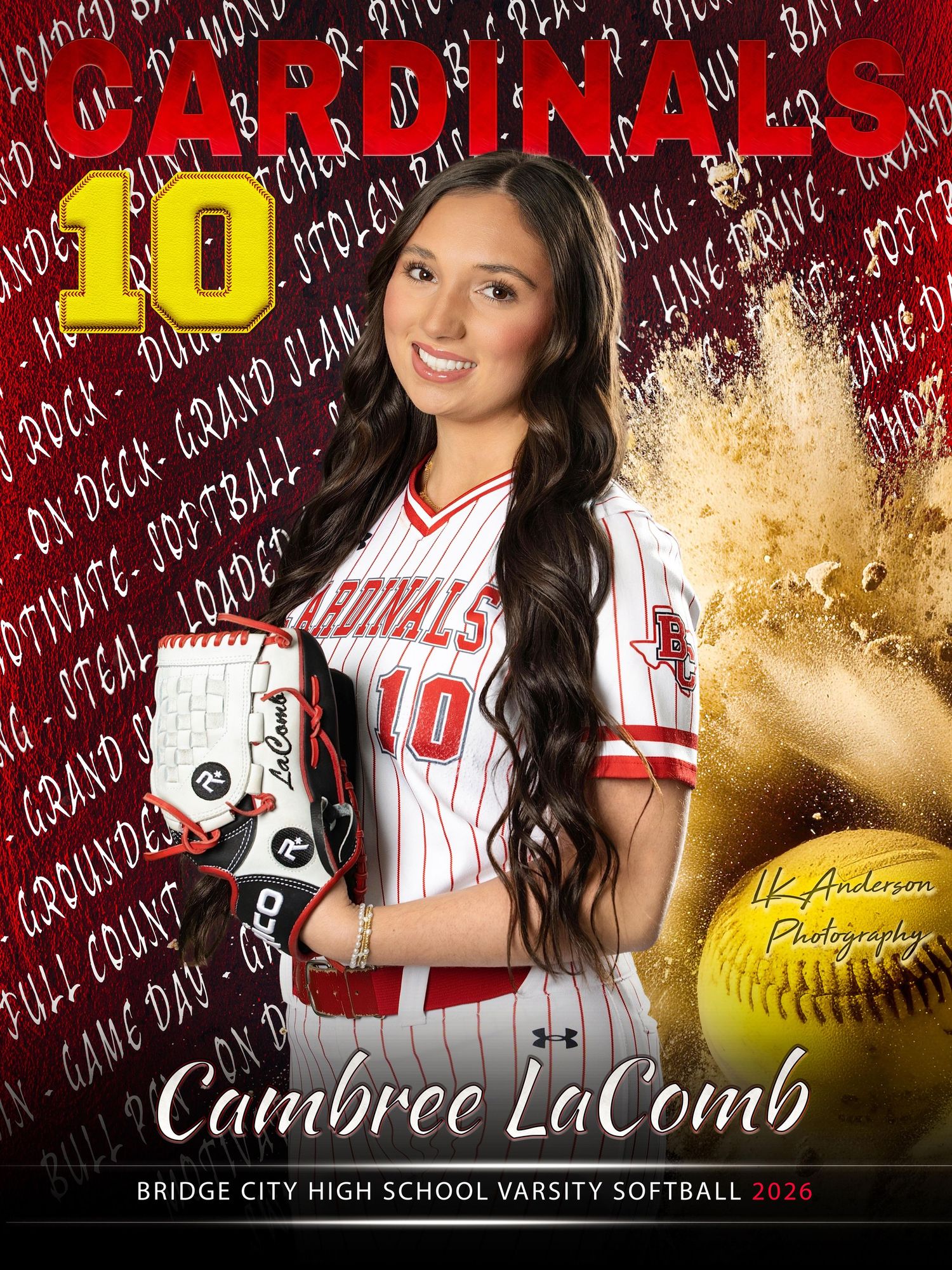 High school softball player in Cardinals uniform #10 poses against red background with exploding yellow softball effect.