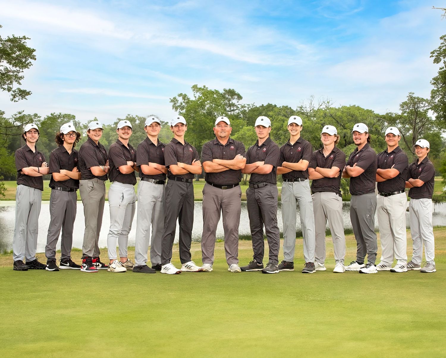 A panoramic sequence of golf players lined up on a green lawn under blue sky during a tournament event.