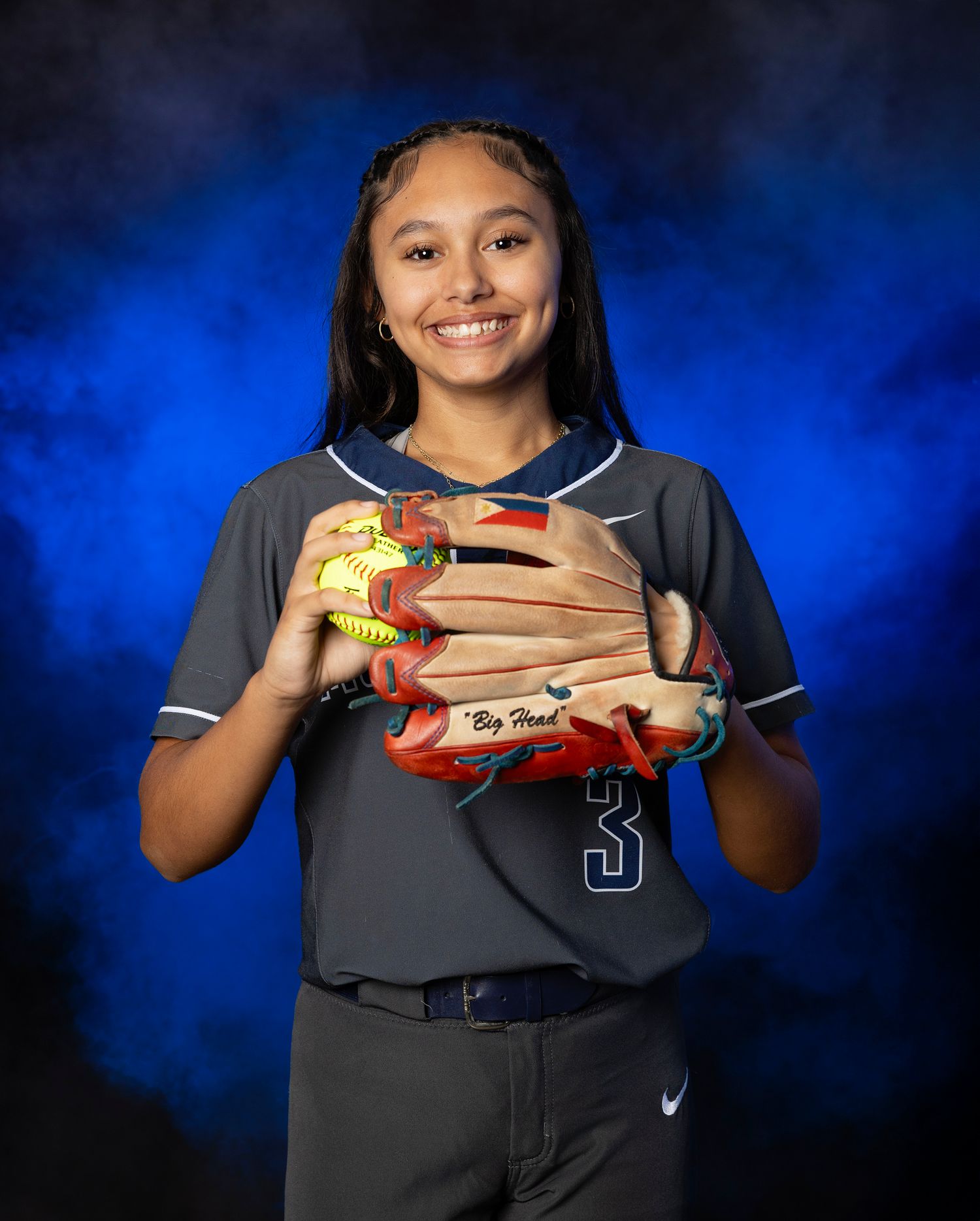 A series of sports portraits showing a softball player holding a glove against a blue backdrop.