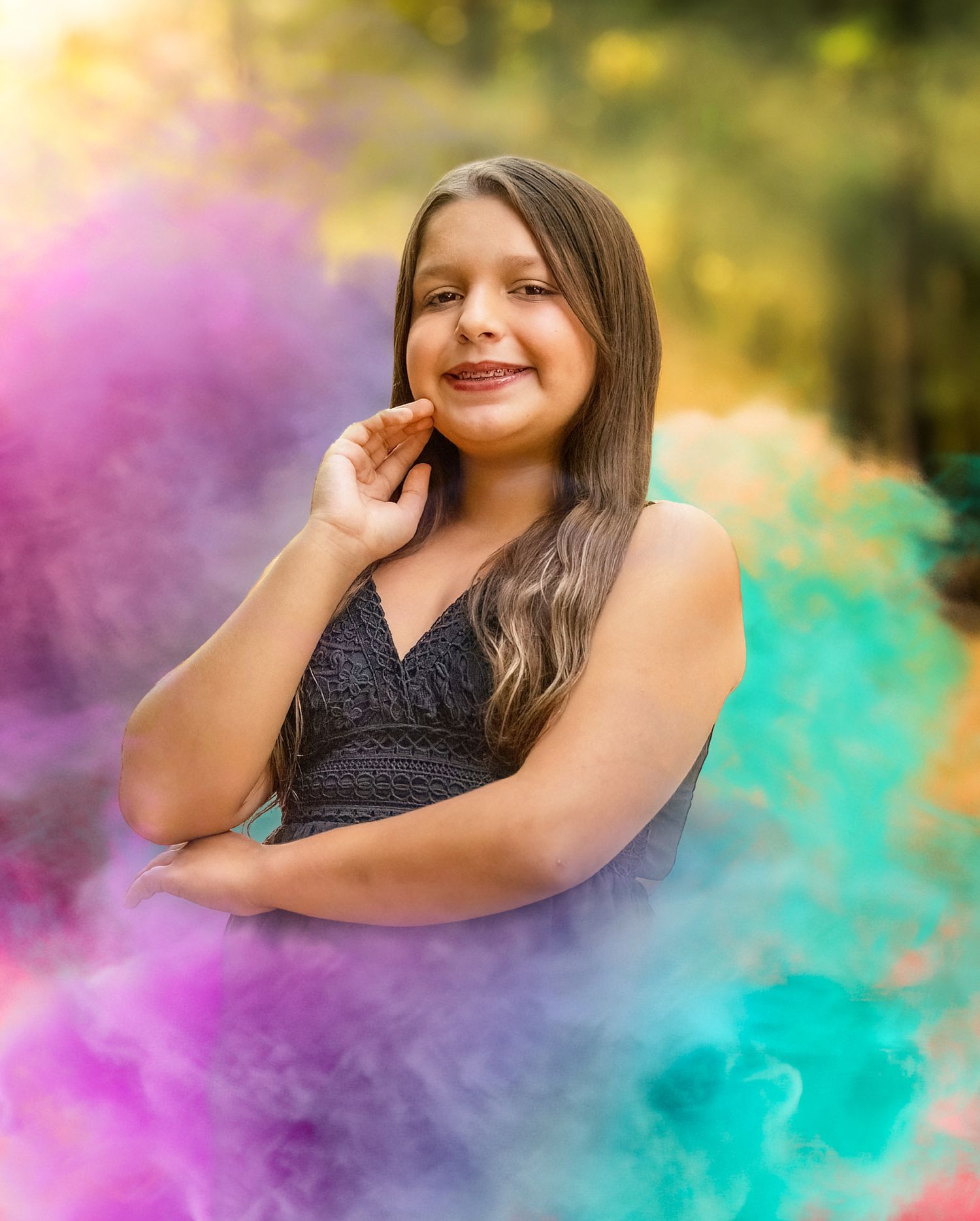 Colorful smoke bomb photography session with vibrant purple and teal hues in an outdoor setting.