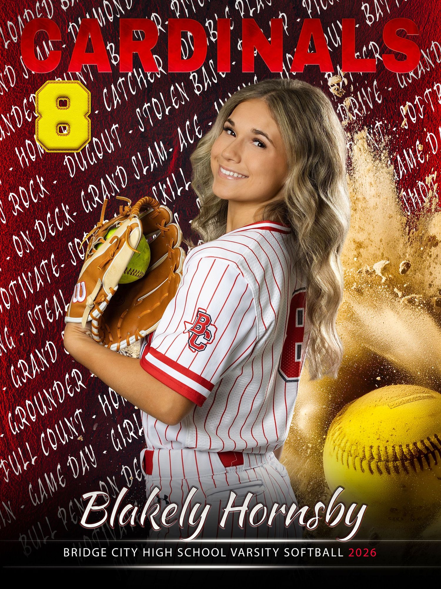 Softball player banner design with red and gold colors featuring pinstripes uniform and equipment against dark background.