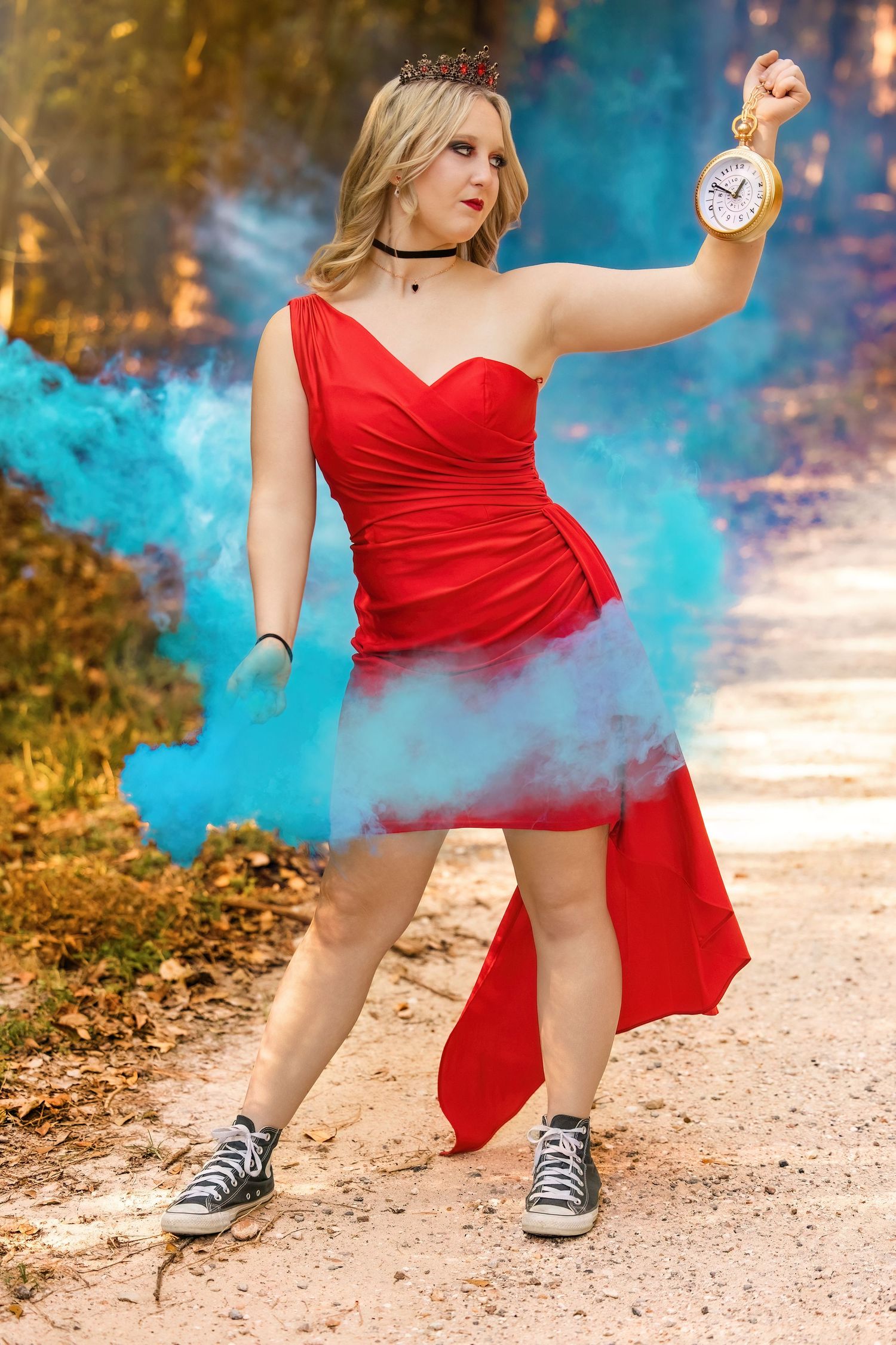 Dynamic photo sequence with person in red dress posing with clock amid turquoise smoke effects.