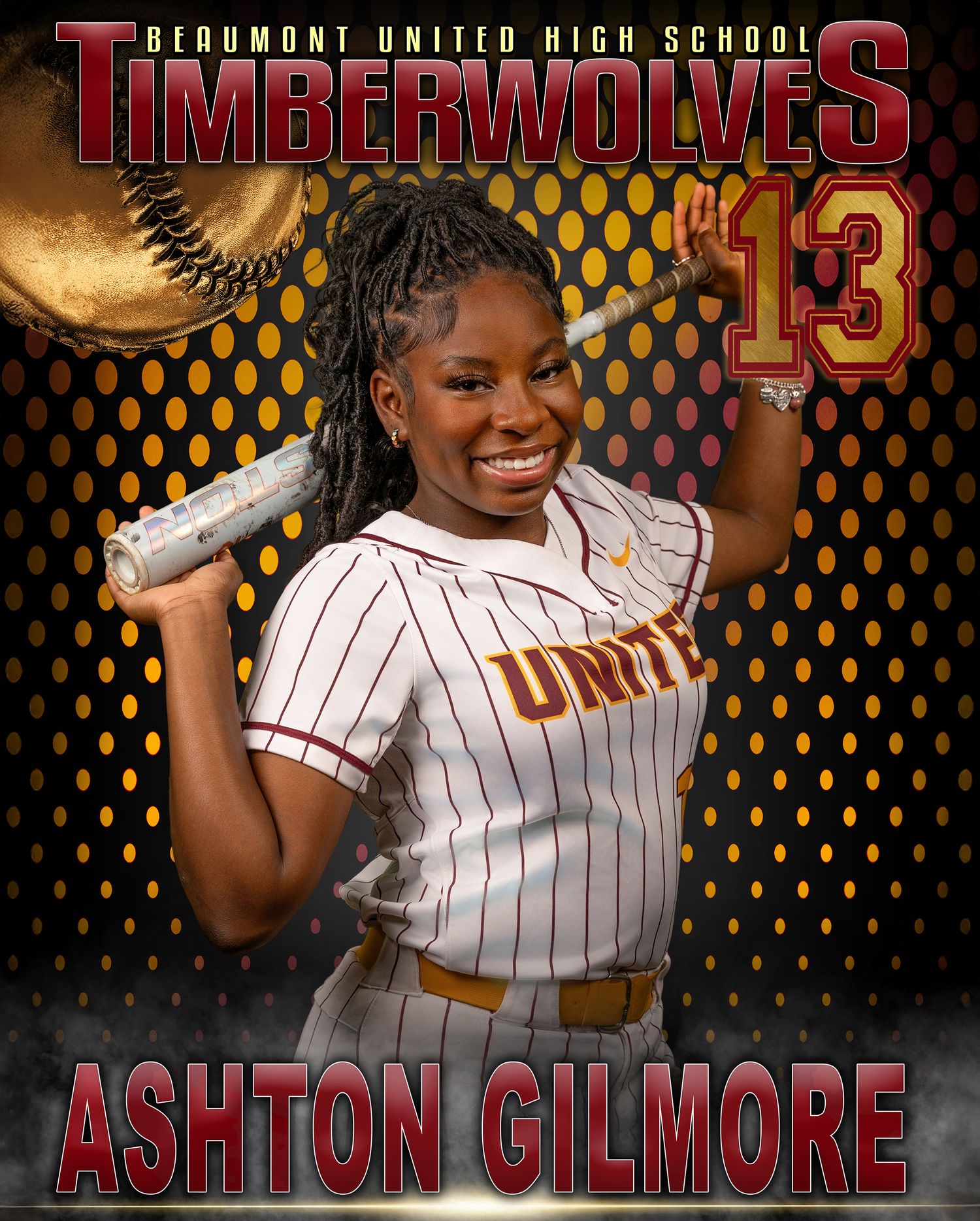Beaumont United - Softball player in pinstripe uniform poses confidently against a dark background with gold pattern overlay.