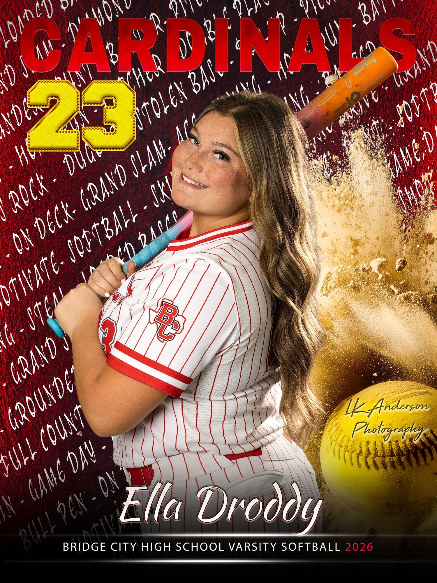 High school softball player in white and red pinstriped uniform poses with bat against artistic background with gold glitter effect.