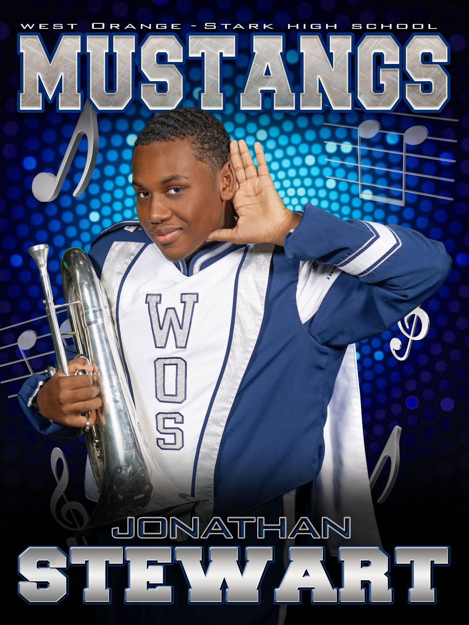Student athlete in navy and white Mustangs uniform poses with sports equipment against blue background.