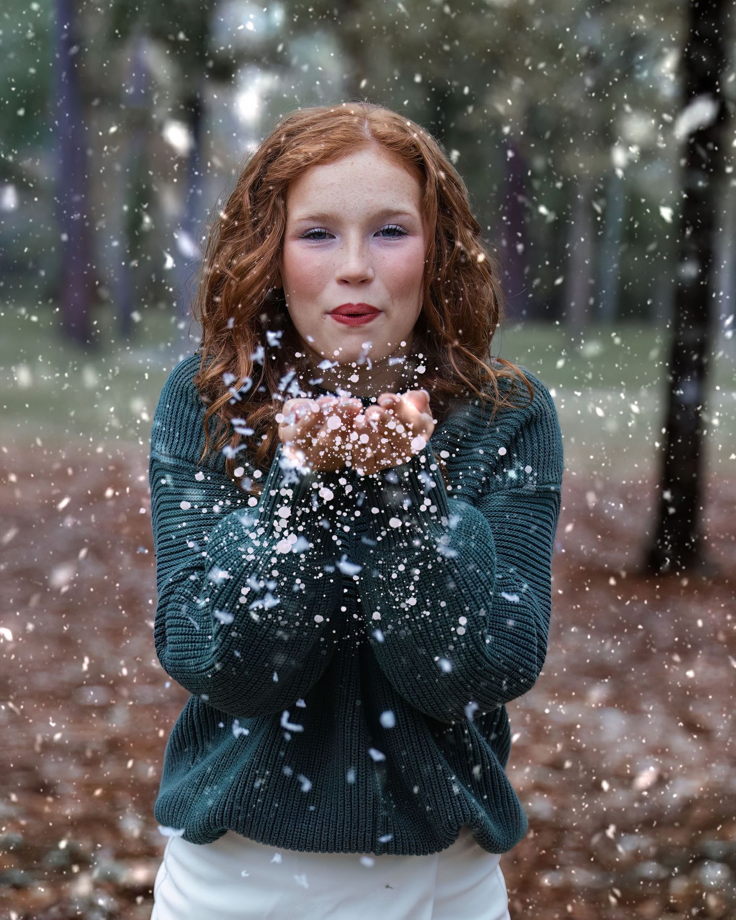 Annabella a Vidor Senior  in a teal sweater blows snow into the air during a magical winter photo sequence.