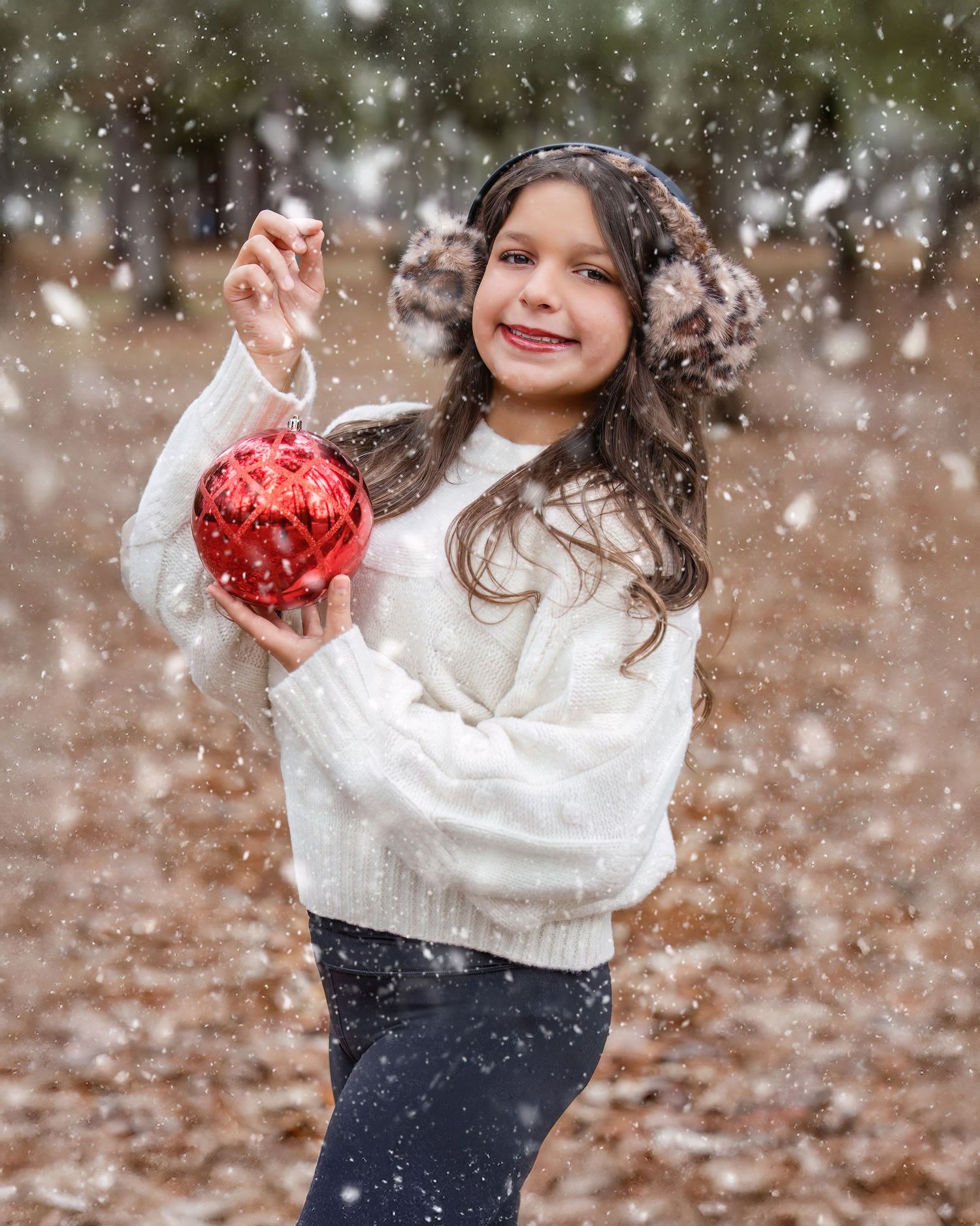 A sequence of winter photos showing someone in a white sweater playing in falling snow with red ornaments.