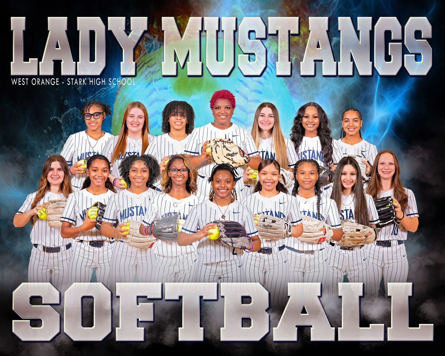 Group photo of high school softball team players in white pinstriped uniforms posing together on field.
