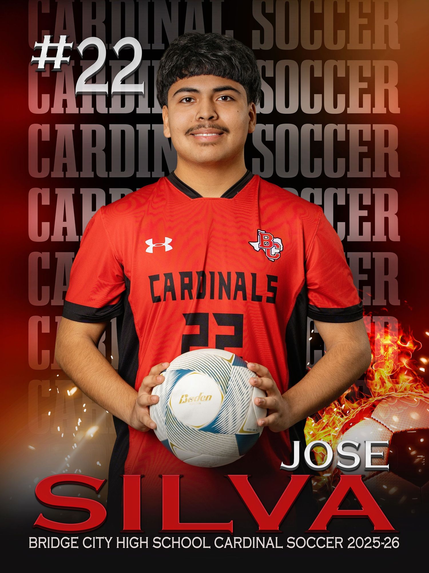 Cardinal soccer player in red Under Armour jersey holds soccer ball against fiery background with repeating text design.