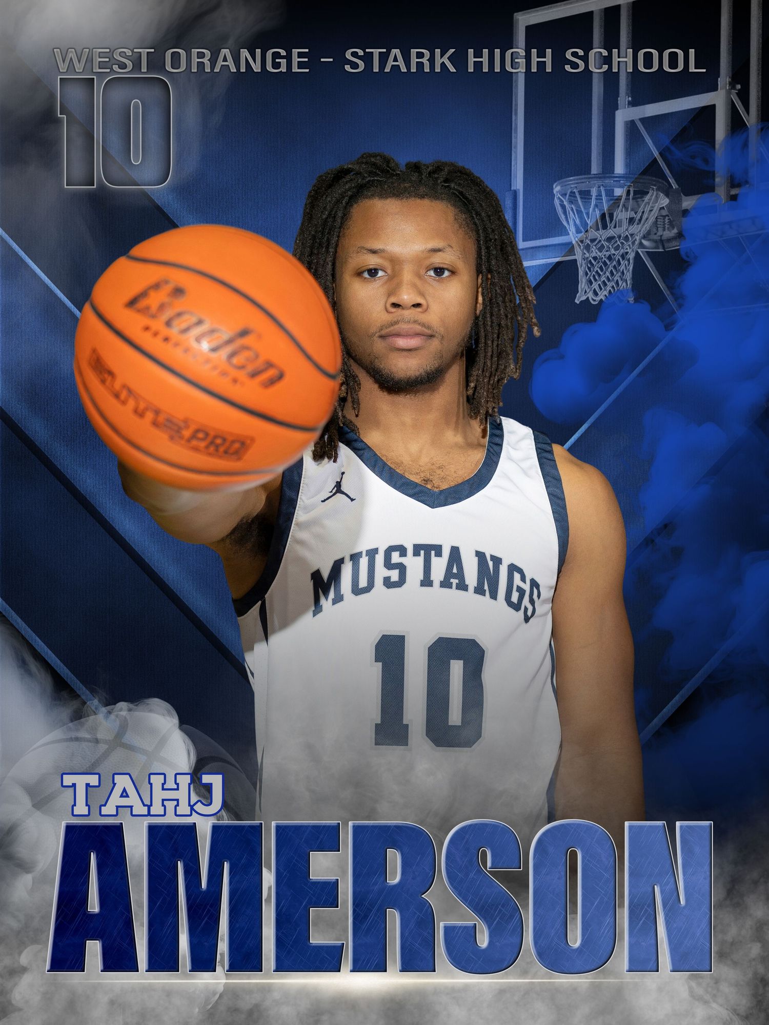 Basketball player in white Mustangs jersey #10 poses against blue dramatic backdrop.