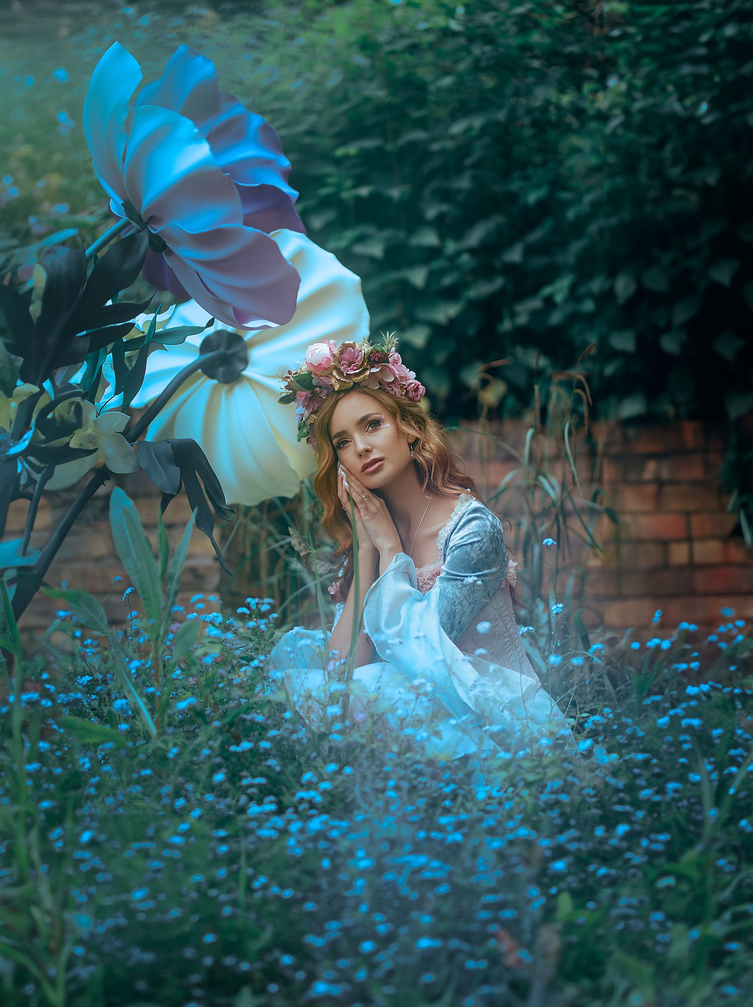 A woman in a white gown with a floral crown sits among blue flowers beside oversized fantasy blooms.