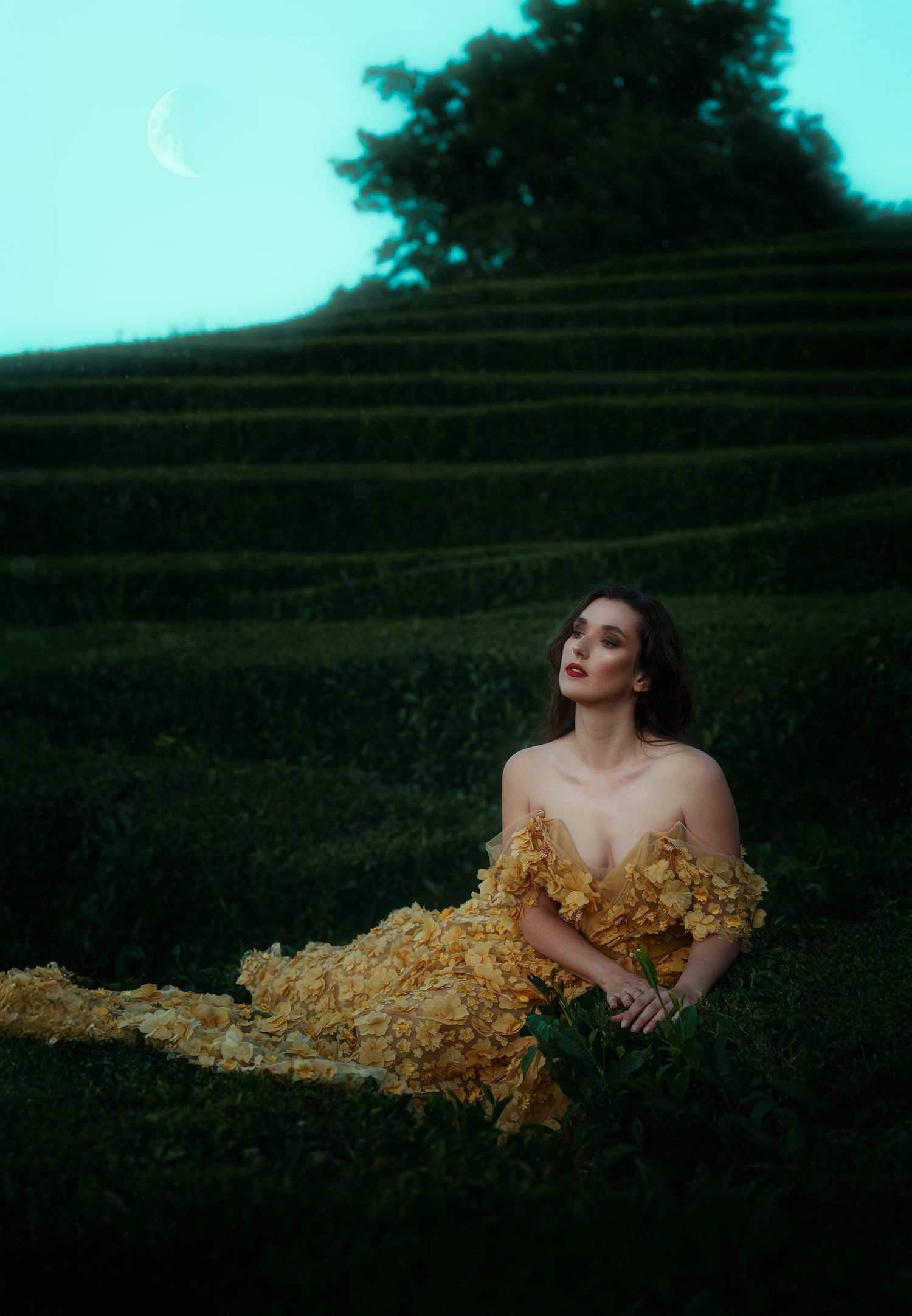 Woman in elegant yellow floral gown reclining on terraced green hillside under crescent moon.