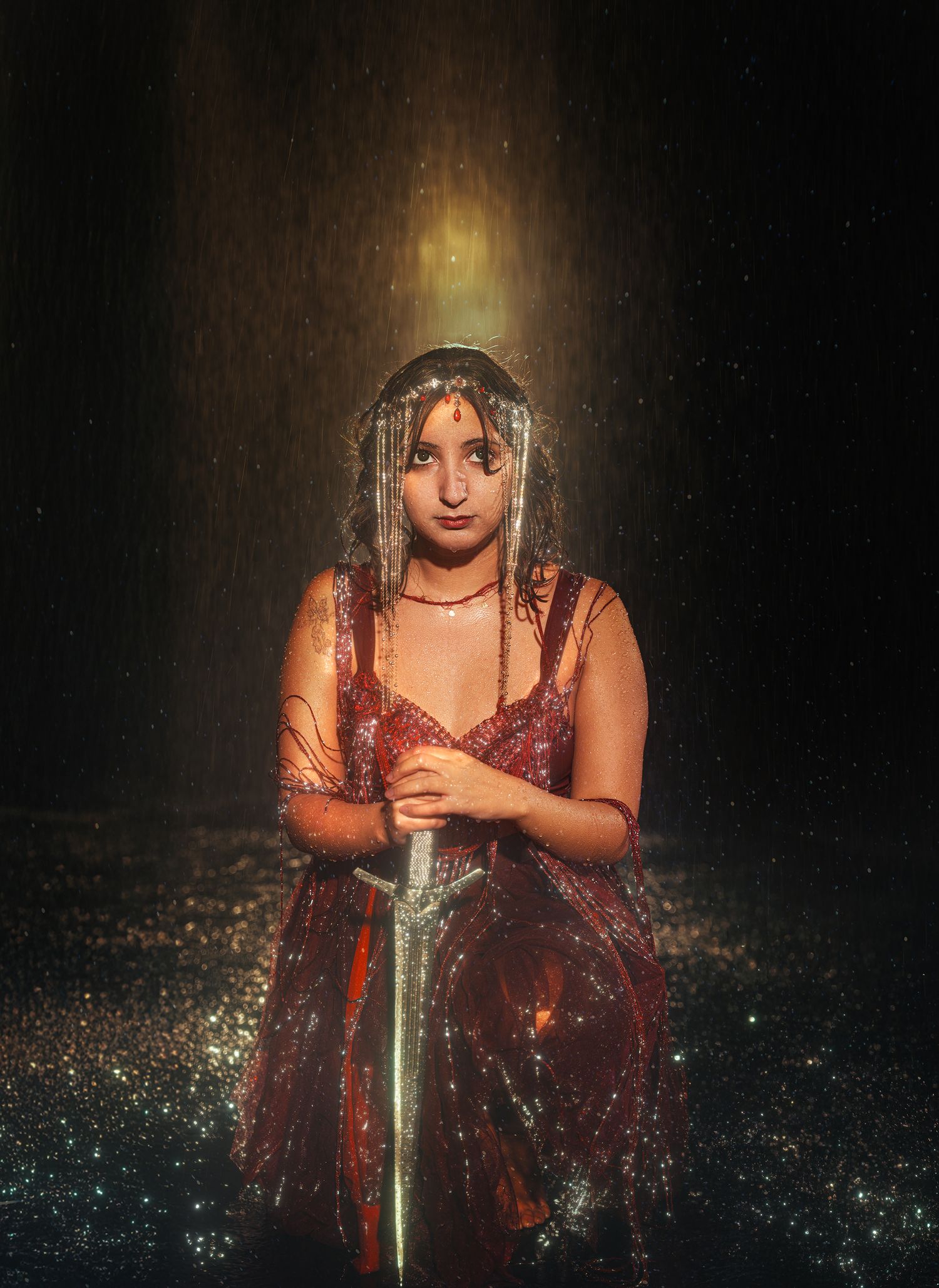 Young woman in red dress clutches a sword while standing in rain under golden light.