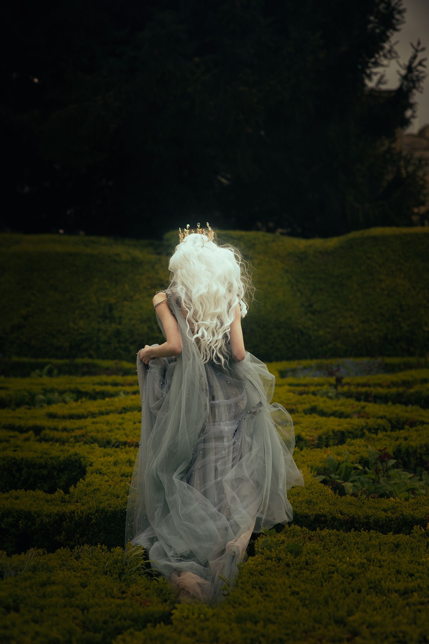 Woman with long white hair and gold crown walks through manicured hedge maze in grey tulle gown.