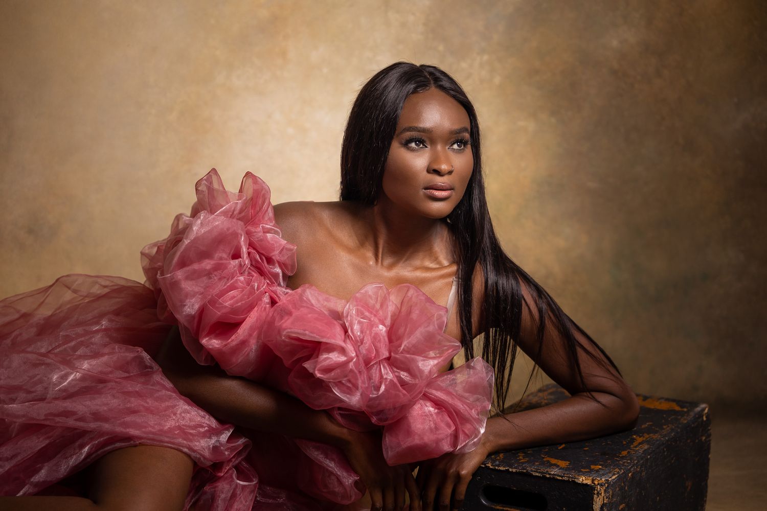 Elegant fashion portrait with model wearing pink tulle gown against golden backdrop.
