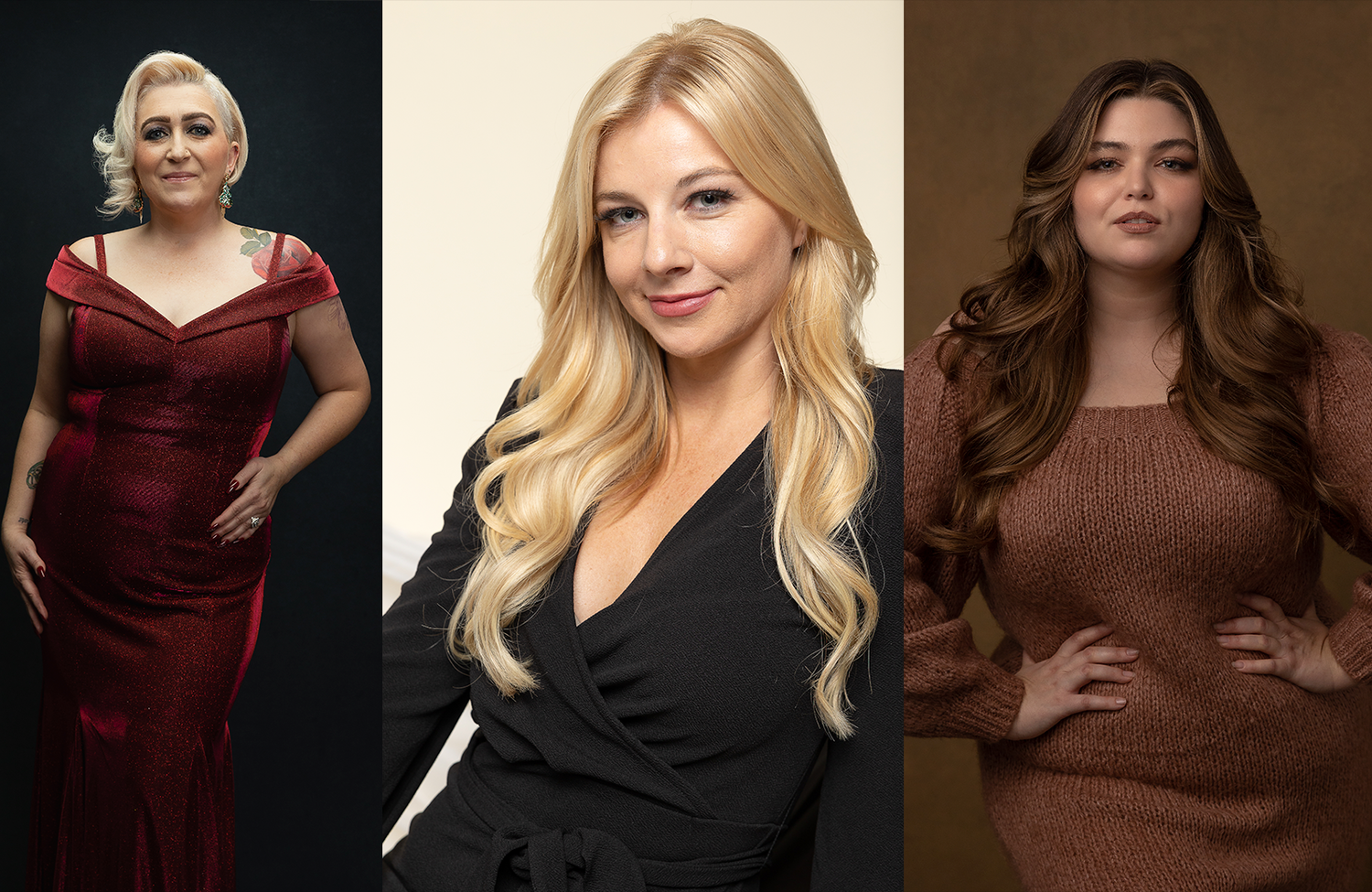 Three fashion portraits showing models in elegant evening wear including red, black, and brown dresses against varied backgrounds.