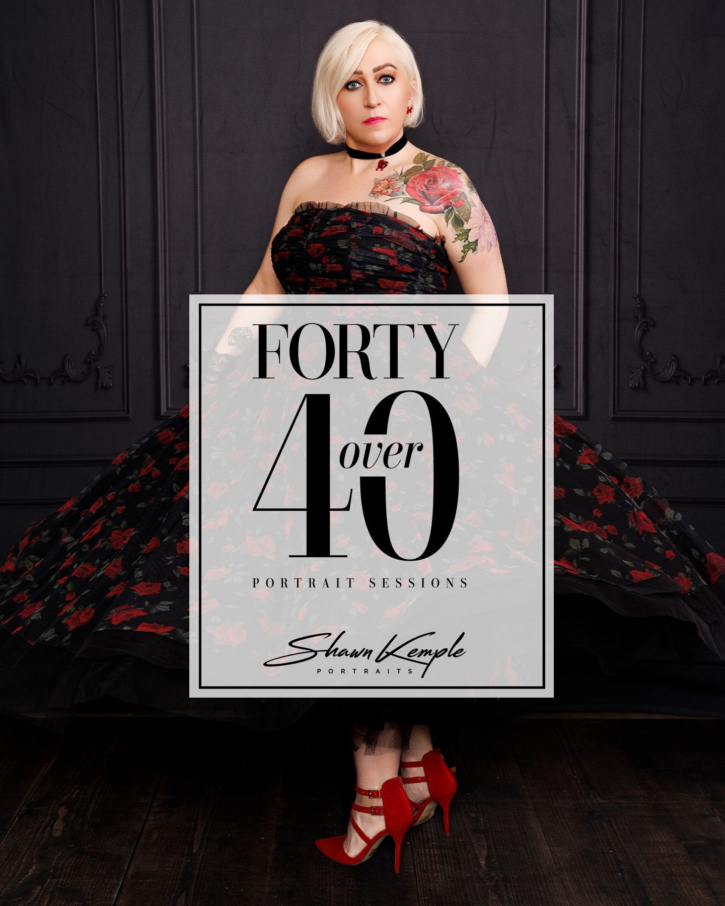 Promotional image for Forty Over 40 portrait sessions featuring model in black floral dress with red shoes.