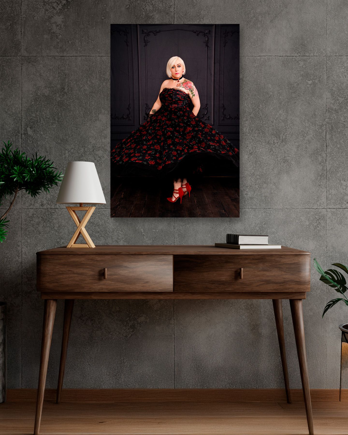 Home interior mockup showing framed portrait displayed above mid-century modern wooden console table.