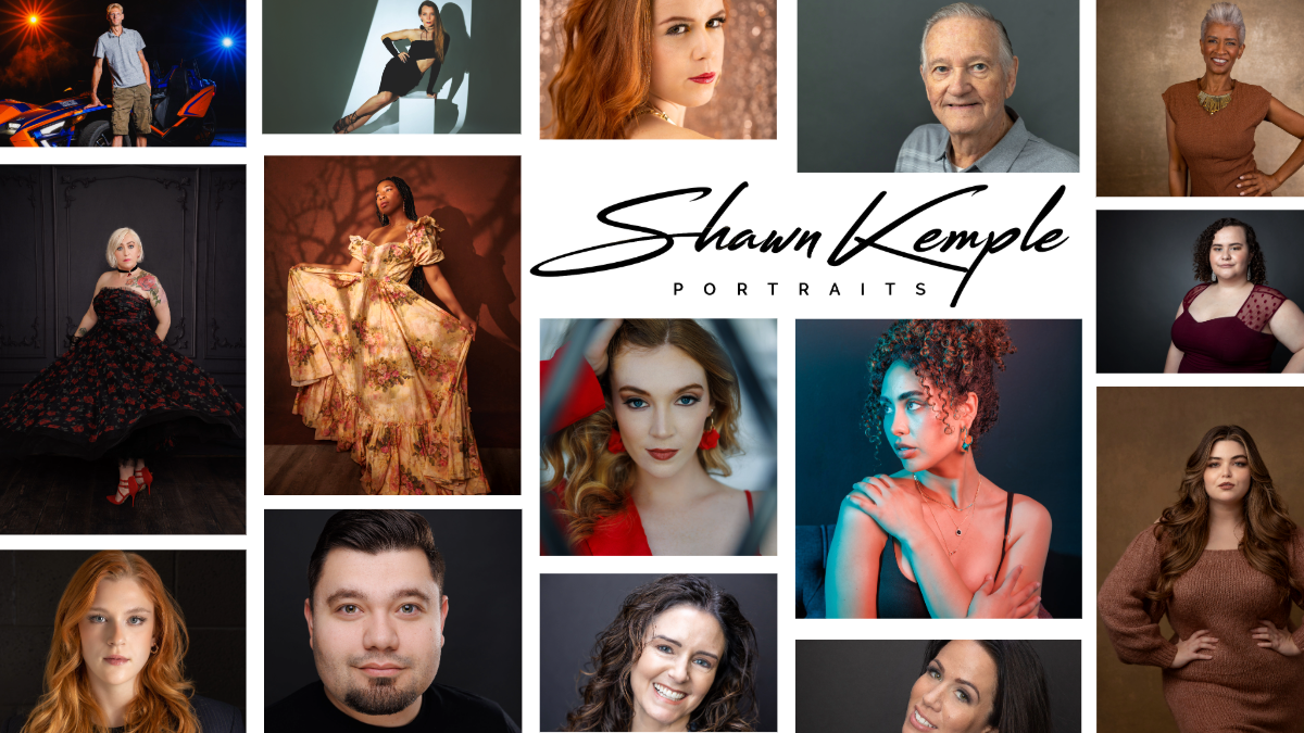 Photo collage grid showing various professional portrait photography samples with studio logo.