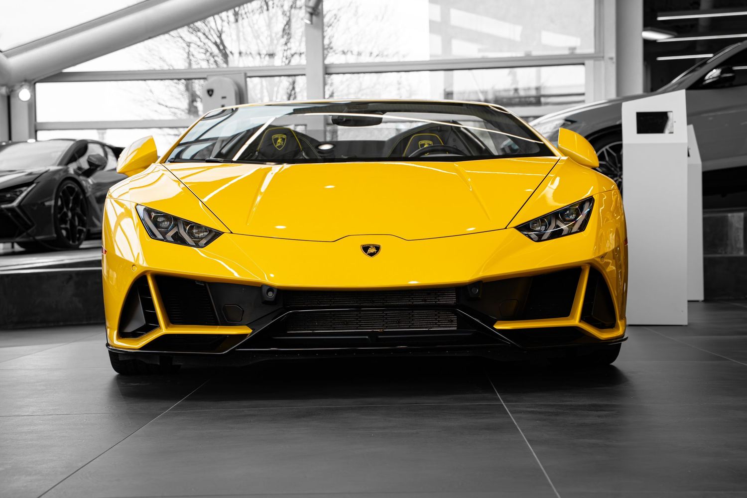 A photo of a yellow Lamborghini set against a black and white background in a dealership with the reflection of the morning sun