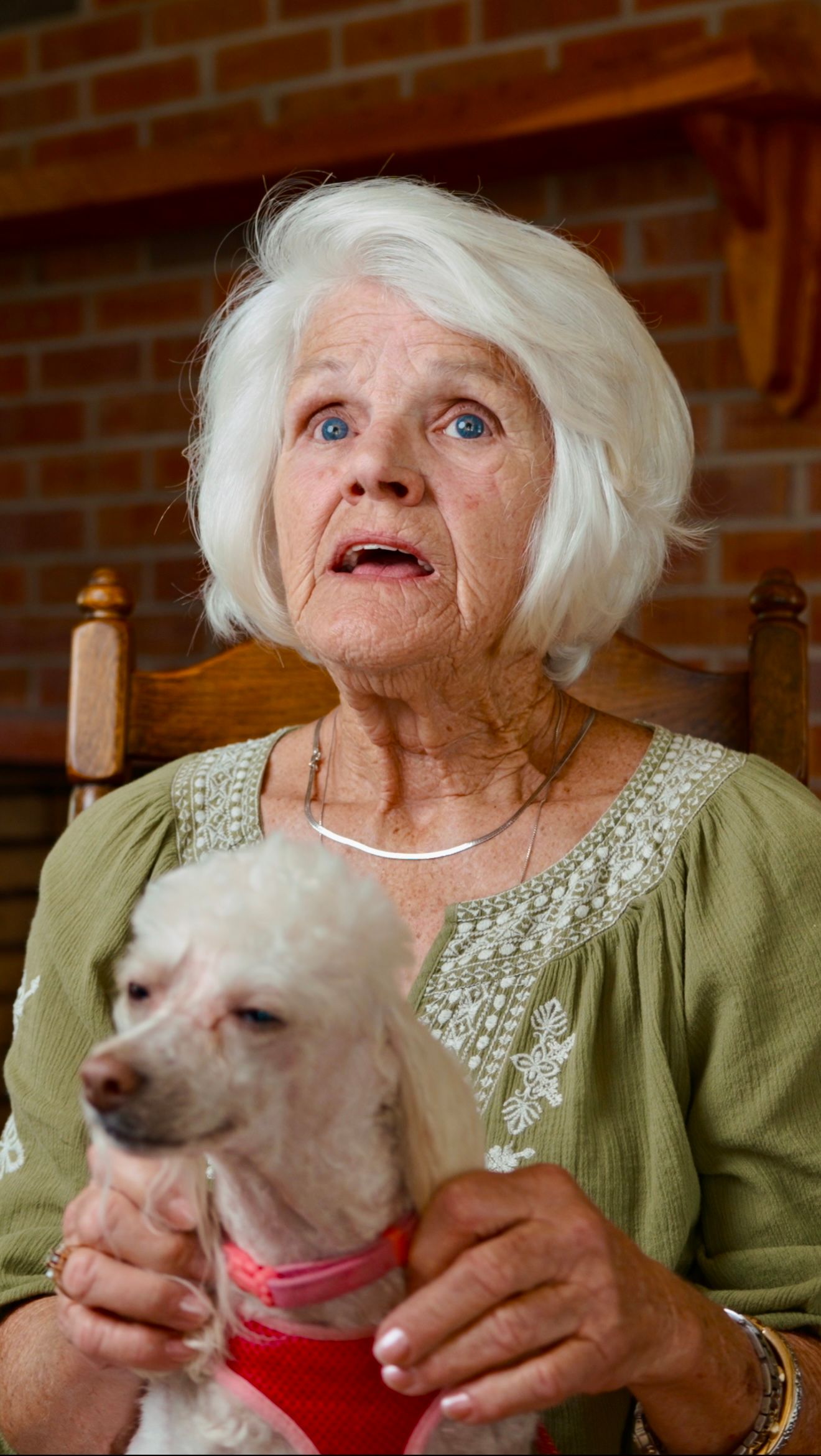 Elderly woman with white hair holds a small white poodle wearing a pink collar, sitting in a wooden chair.