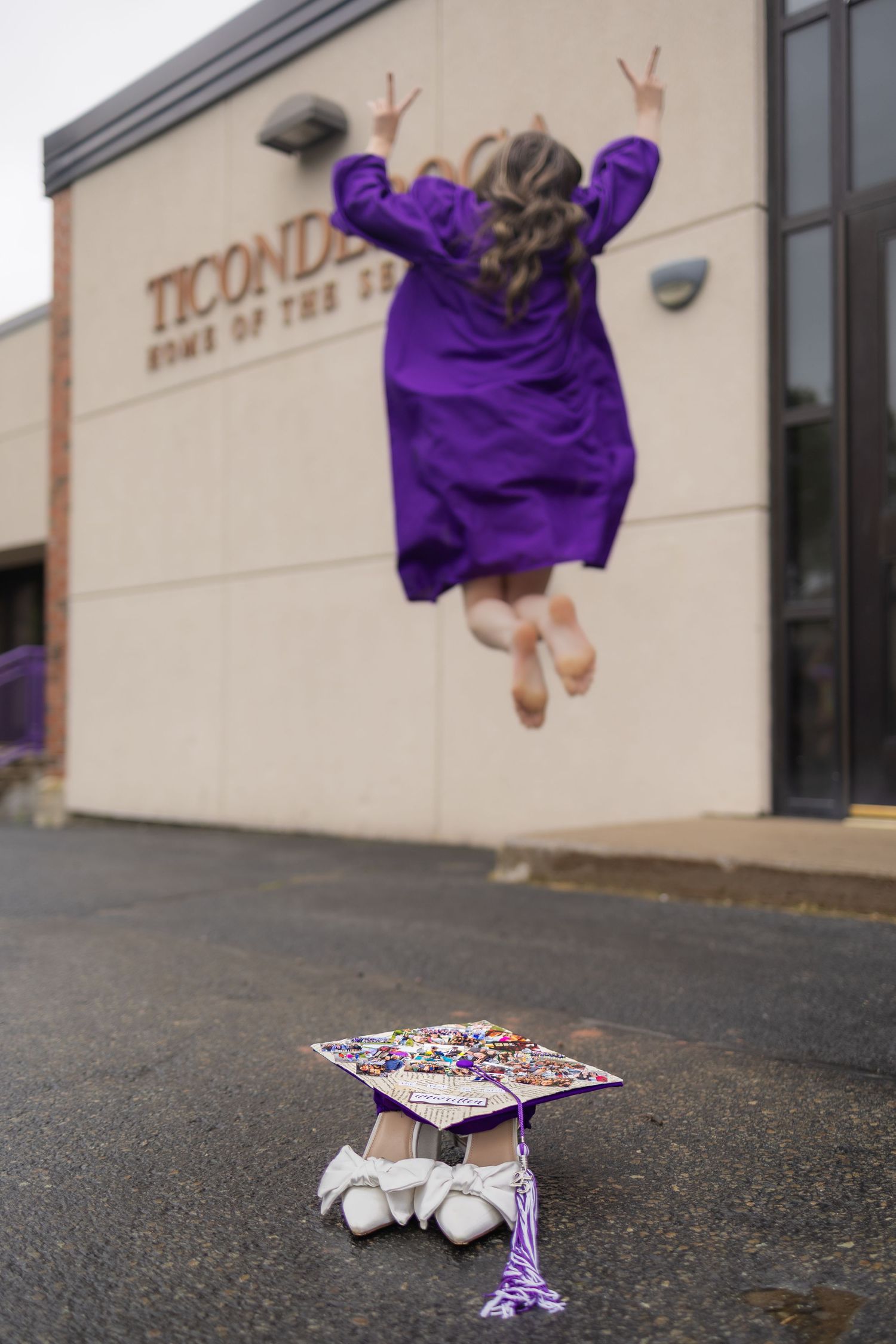 A graduation cap decorated with confetti falls through the air in a sequence of photos.