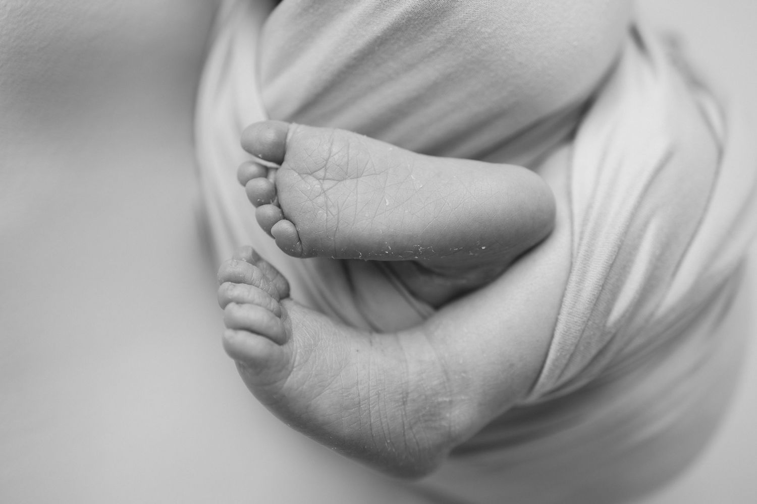 Black and white close-up photo of newborn baby feet wrapped in soft white fabric.