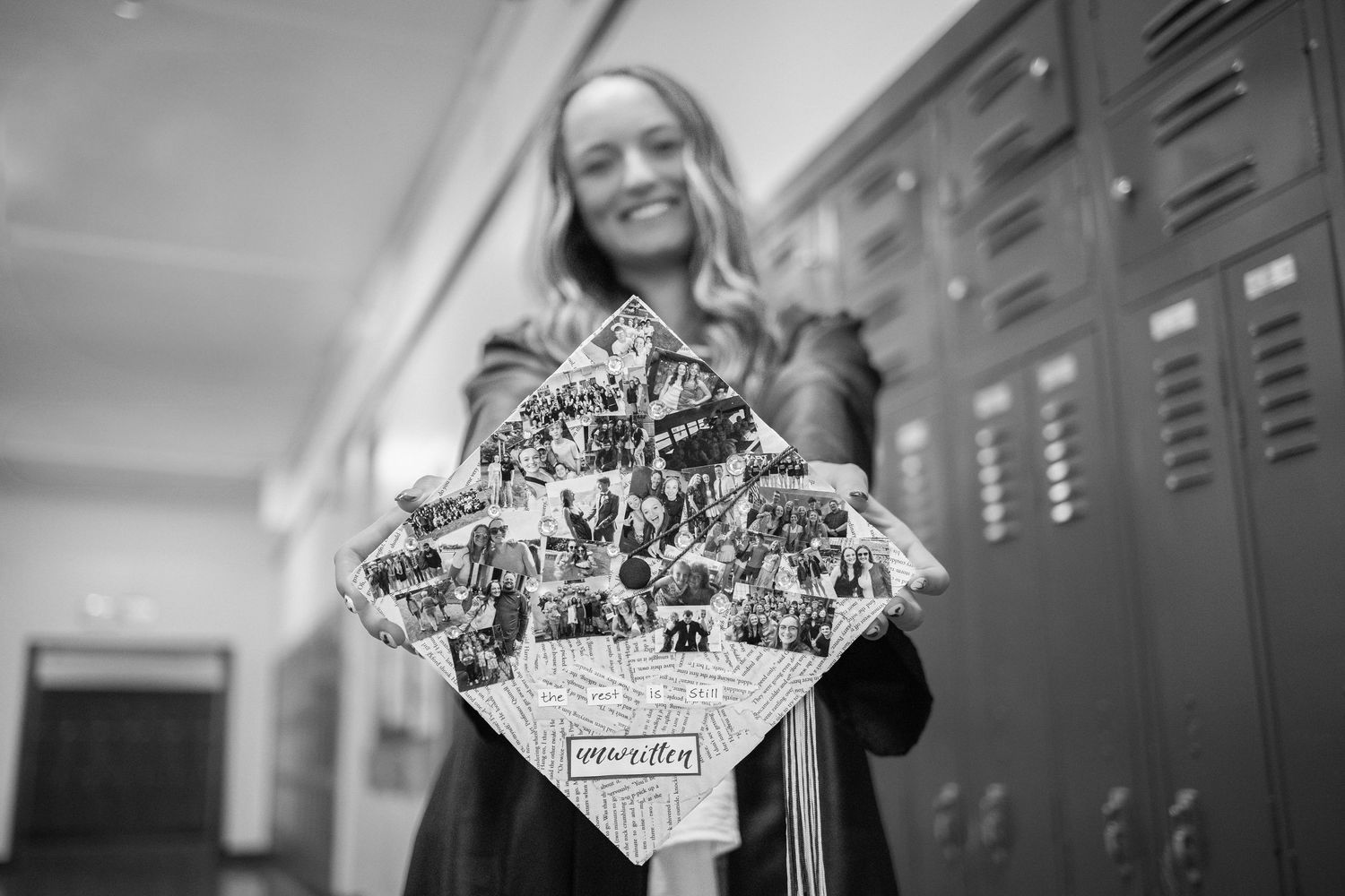 Decorated graduation cap with photo collage and tassel.