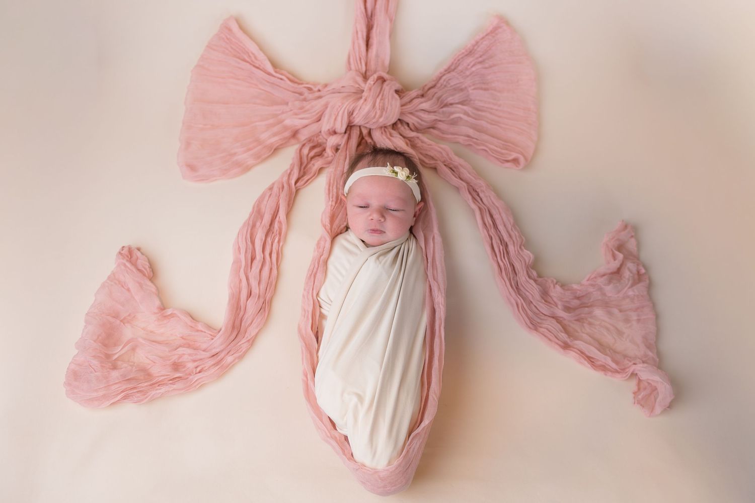 Newborn baby girl swaddled in white wrap, posed inside a pink bow on a cream backdrop.
