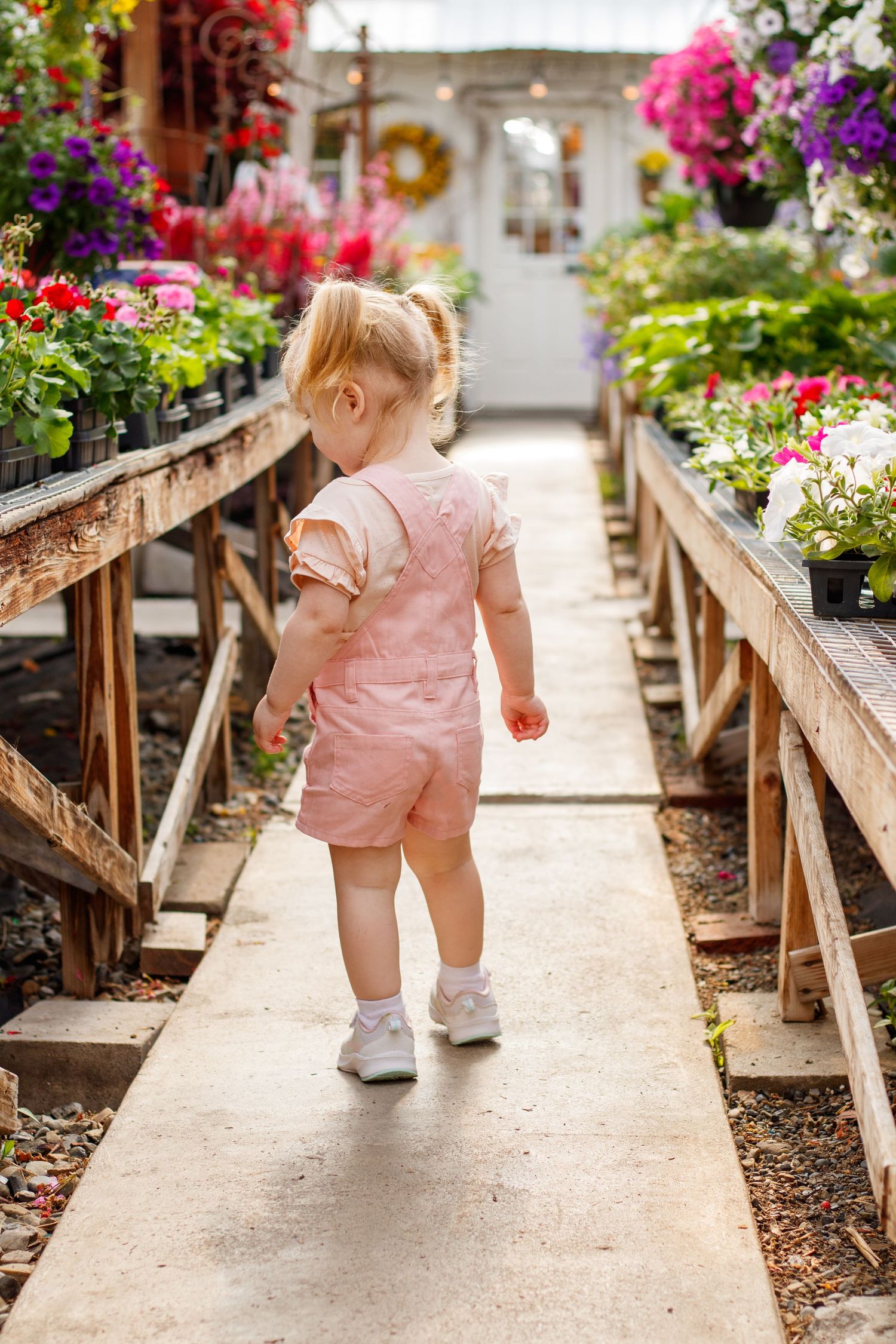 Small child in pink outfit walking along wooden path in garden nursery with colorful flowers.