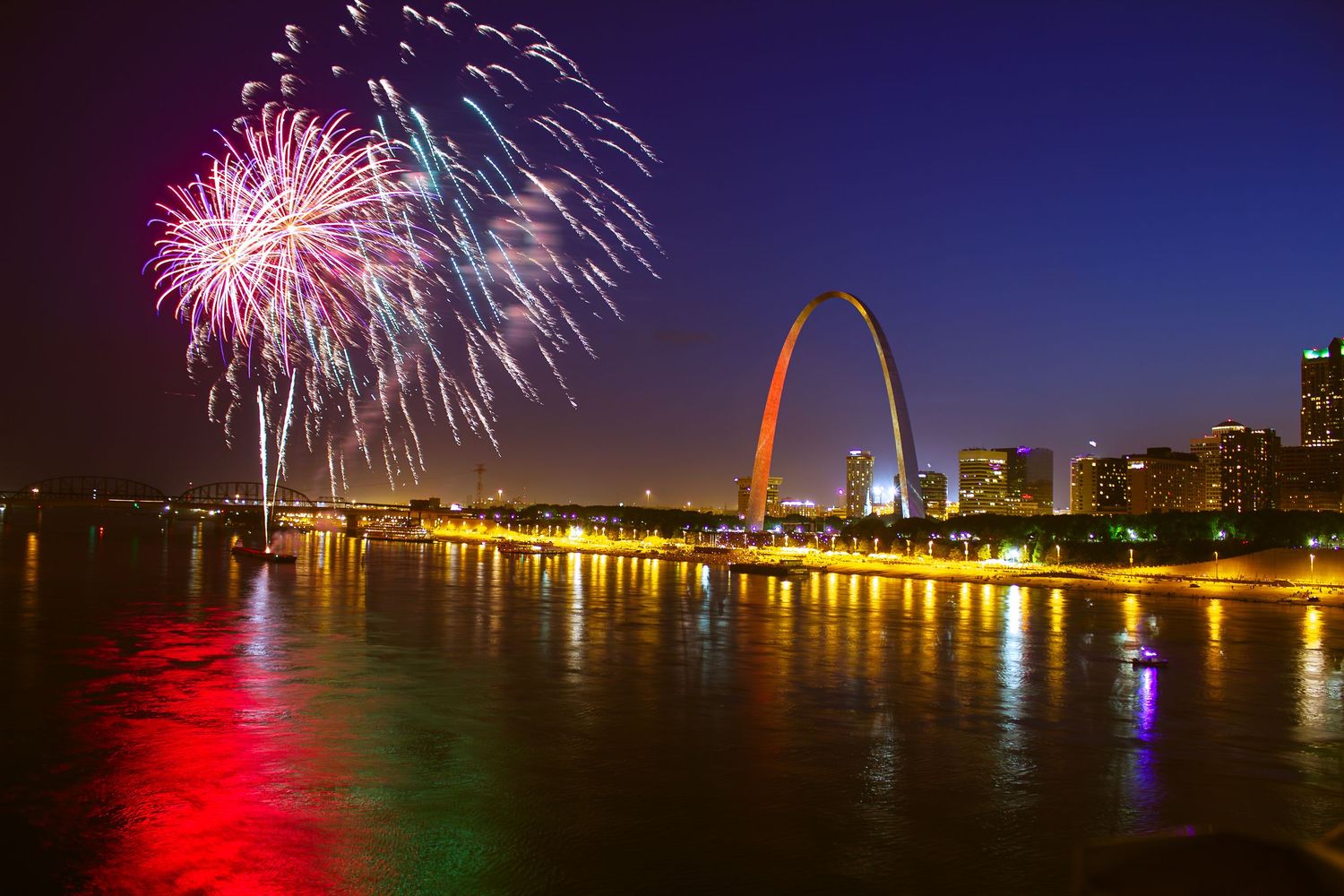 Fireworks over the Mississippi River near the St Louis Gateway Arch