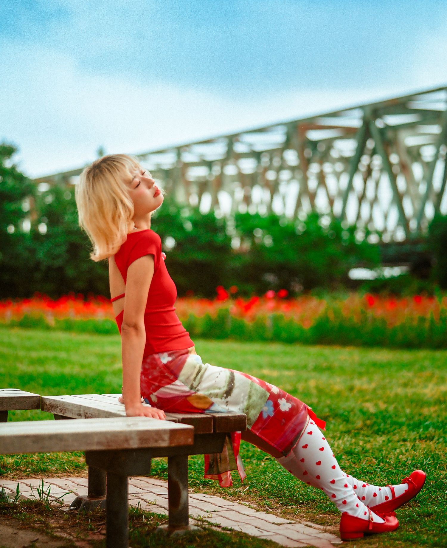 A person in a red top sits on a bench near a metal bridge structure with vibrant red flowers in the background.