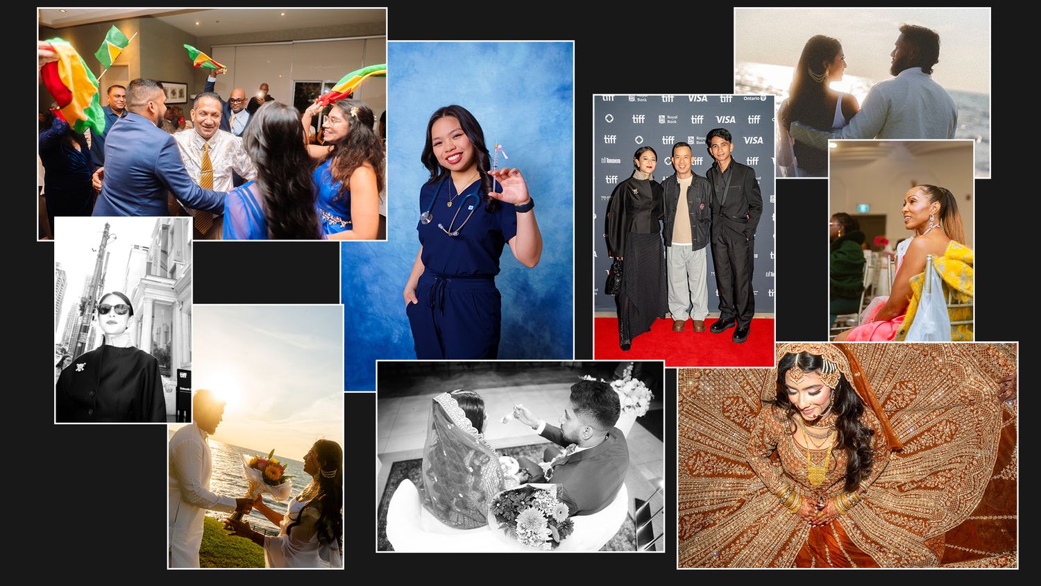Grid layout of wedding and engagement photographs showing various couples.
