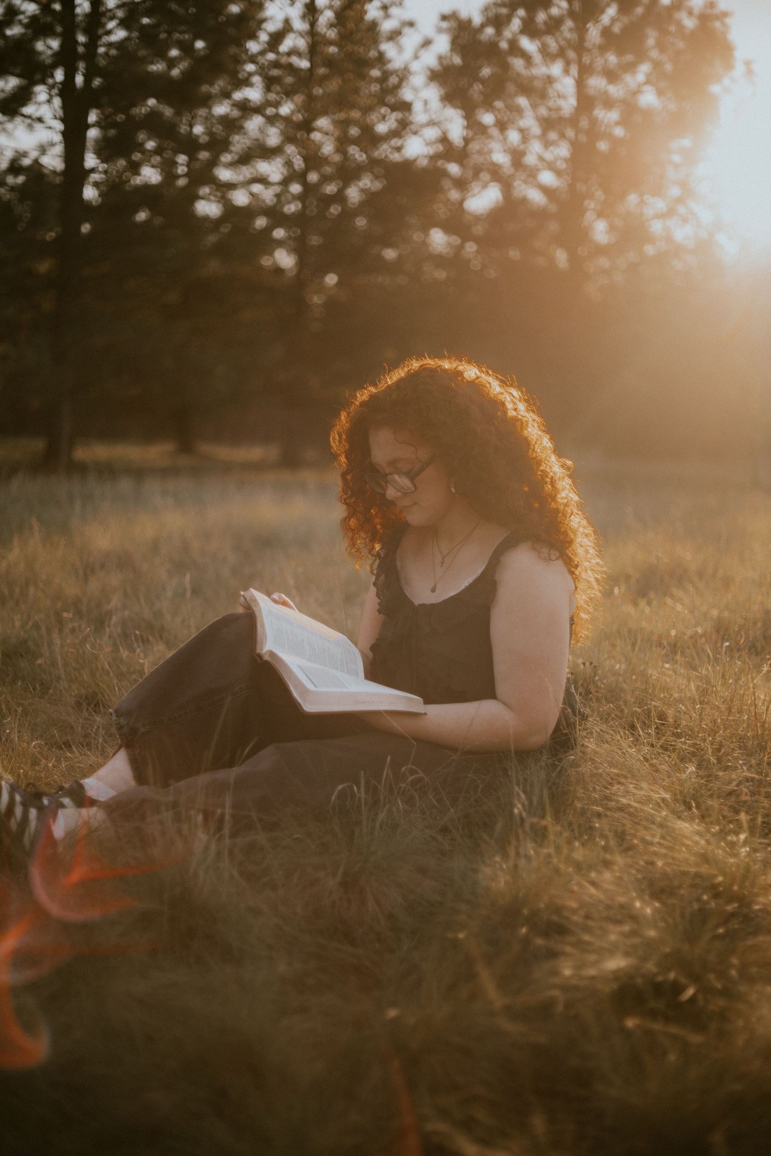 A person reads a book while laying in a golden sunlit meadow at sunset, creating a peaceful outdoor scene.