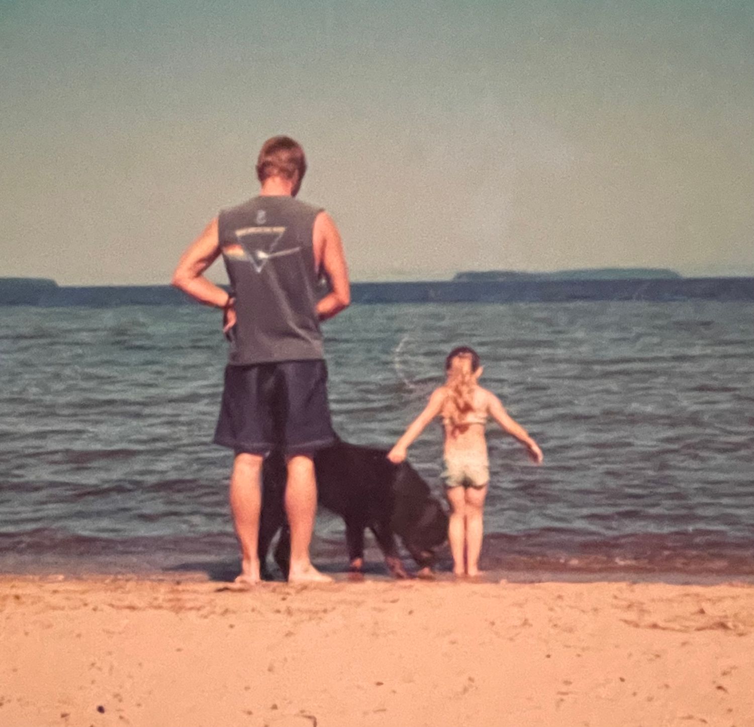 A parent and child stand on a sandy beach with their black dog while looking out at the ocean on a summer day.