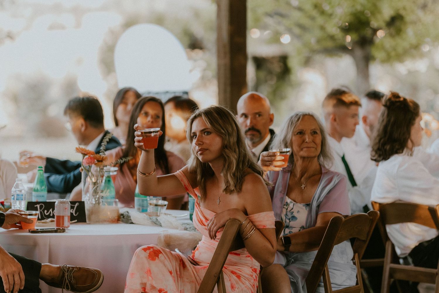 Wedding guests raising glasses for a toast at an outdoor reception, seated at decorated tables in warm sunlight.