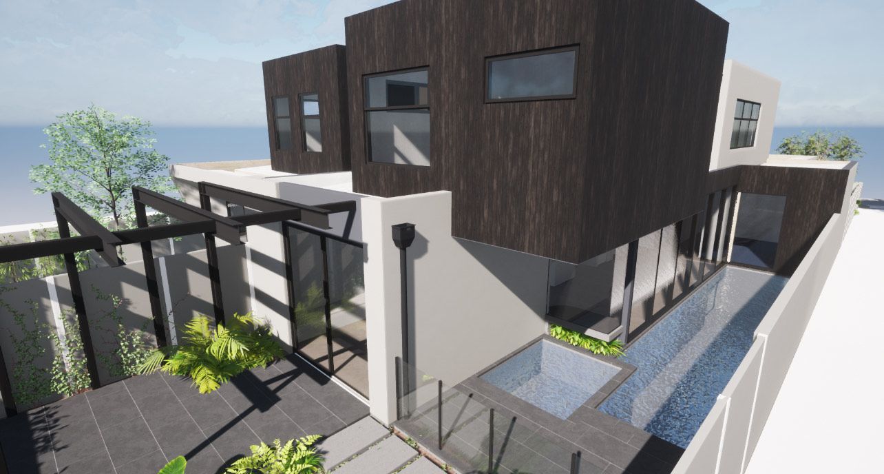 3D rendering of modern house exterior with dark panels and landscaping.