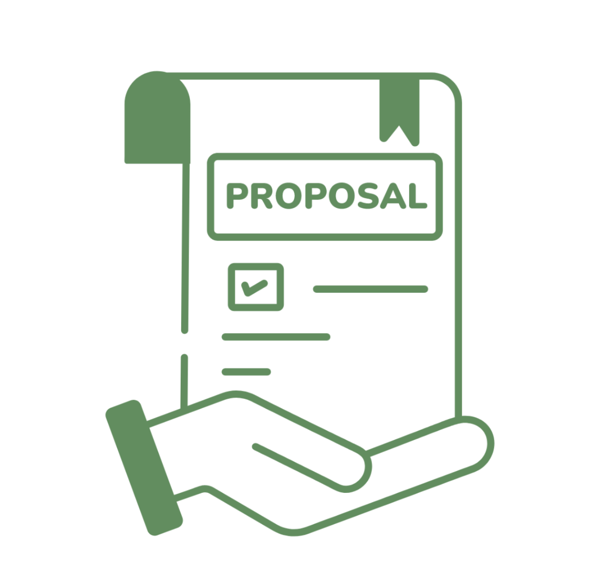 Simple green icon of a hand holding a proposal document with checkbox marking approval.