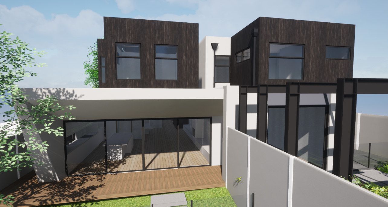 Contemporary two-story house design with dark panels and large windows.