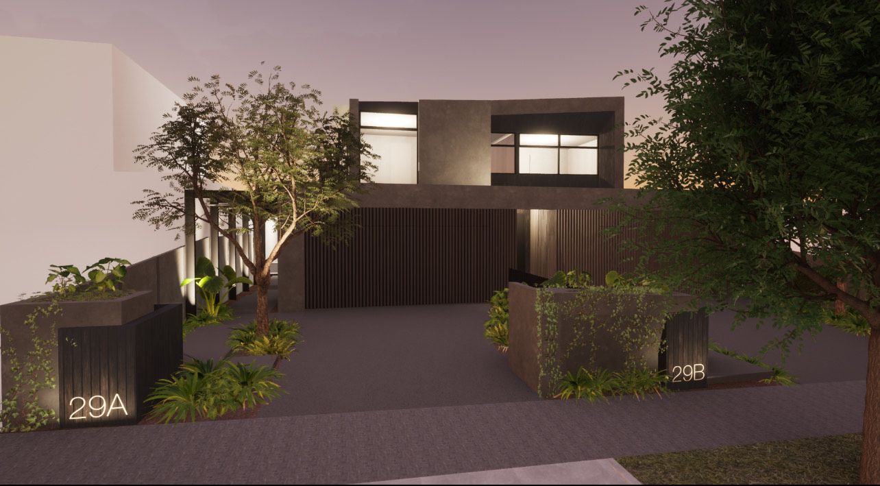 Modern dark-toned house exterior with minimalist architecture and landscaping at night.