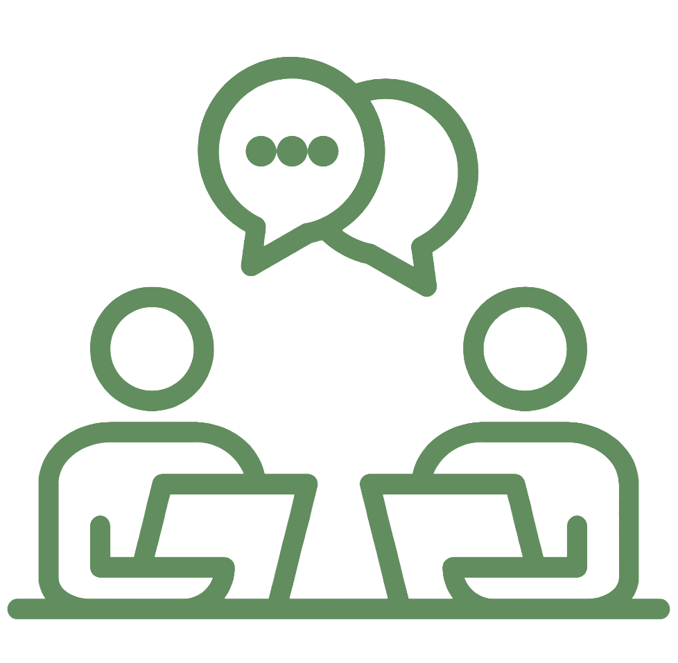 Simple green line icon showing two people sitting across from each other with laptops and chat bubbles above representing communication.