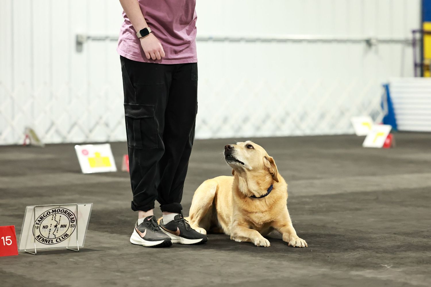 A dog and handler perform obedience training exercises on a dark floor during a competition event.