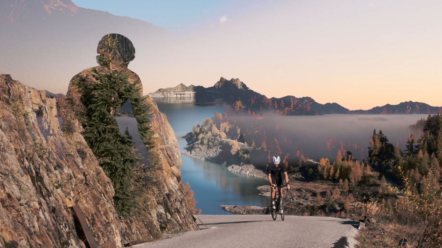 Mountain bikers traverse scenic cliff-side trails overlooking a tranquil lake during golden hour sunset.